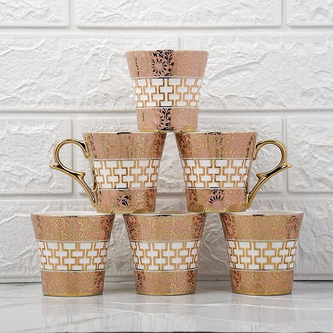 Golden Daisy Finish Ceramic Tea Cups, Coffee Mugs, 160 ml, Golden, 6 Pcs Set, Not Microwave Safe
