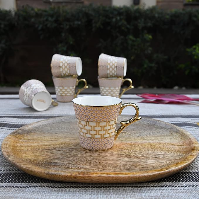 Honey Comb on Golden Mugs, Ceramic Tea Cups, Coffee Mugs, 160 ml, Golden, 6 Pieces Set