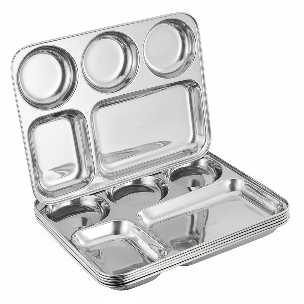 Stainless Steel Partition Plate 5 in 1 Bhojan Thali Compartment Dinner Plate - Set of 6