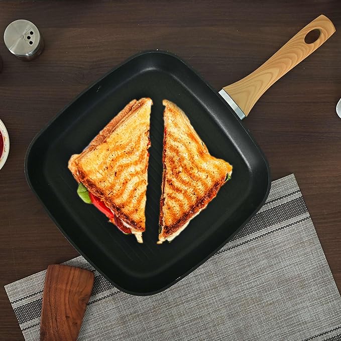 Foged Die Cast Aluminium Non Stick 28 cm Square Grillpan With Wood Finish Handle, Granite Finish