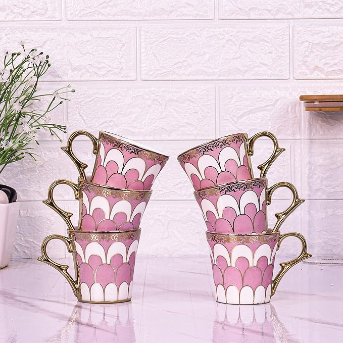 Water Drop Scale Pattern Golden Coffee Mugs, 160 ml, Pink, 6 Pieces Set, Not Microwave Safe