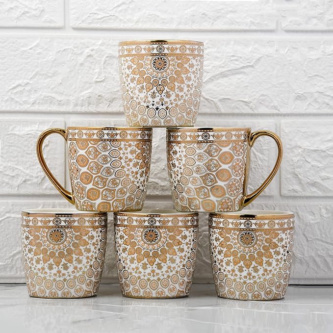 Premium Ceramic Floral Medallion Coffee & Tea Cup Set of 6