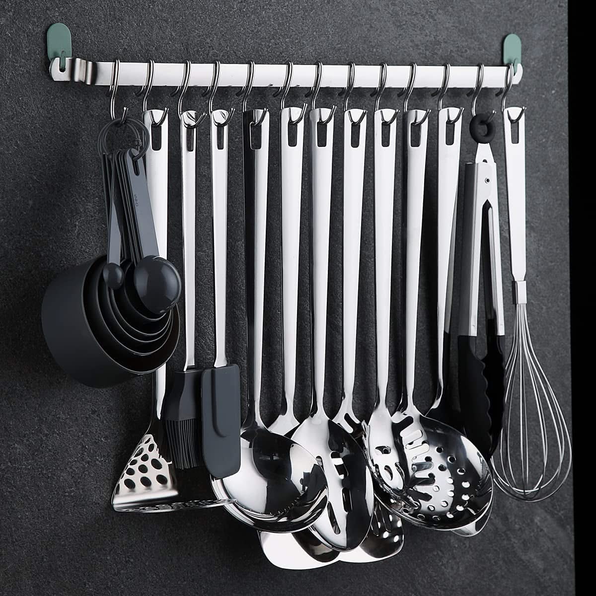 37-Piece Stainless Steel Kitchen Utensil Set, Cooking Utensil with Utensil Holder Rack and Hanging Hooks, Dishwasher Safe and Heat-Resistant
