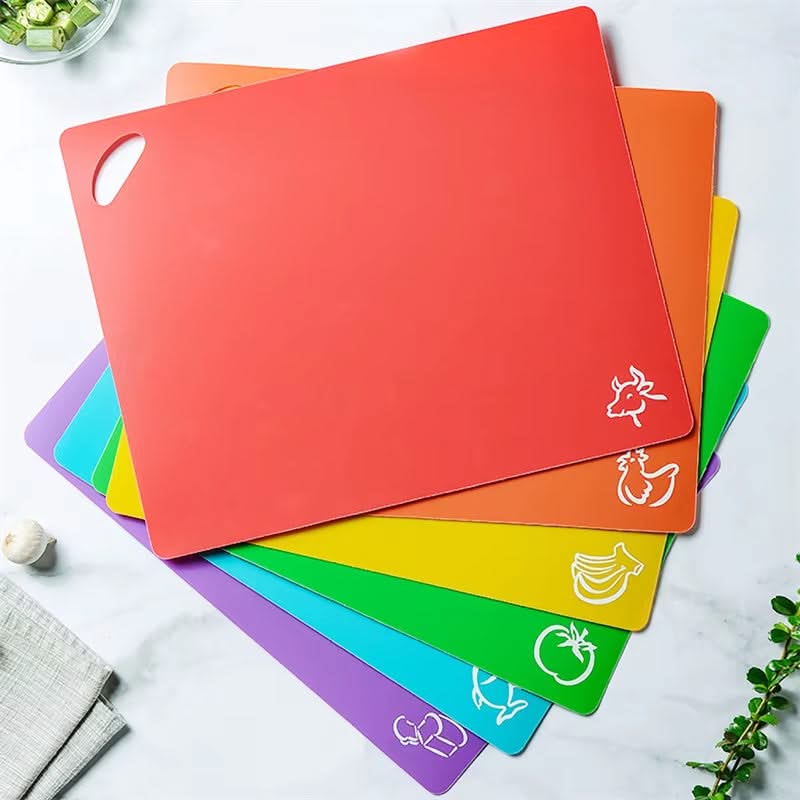 6-Piece Colorful Flexible Plastic Cutting Mats – Non-Slip Chopping Boards with Food Iconsfor Organized and Hygienic Kitchen Use 