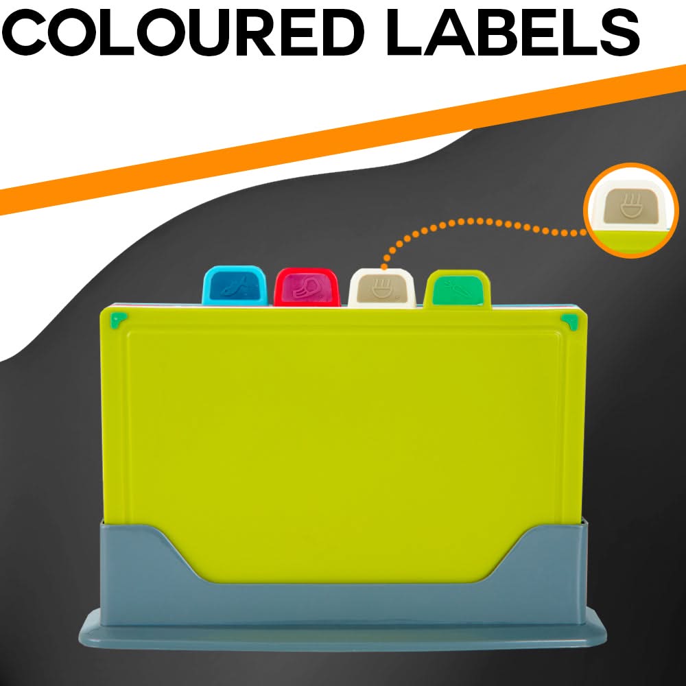 4-Piece Non-Slip Coloured Cutting Board Set – Includes Index Boards with Stand for Organized and Hygienic Food Prep