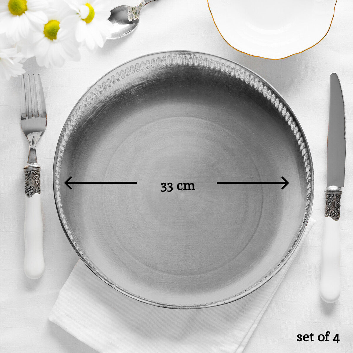 Set of Four 33cm Silver Decorative Chargers