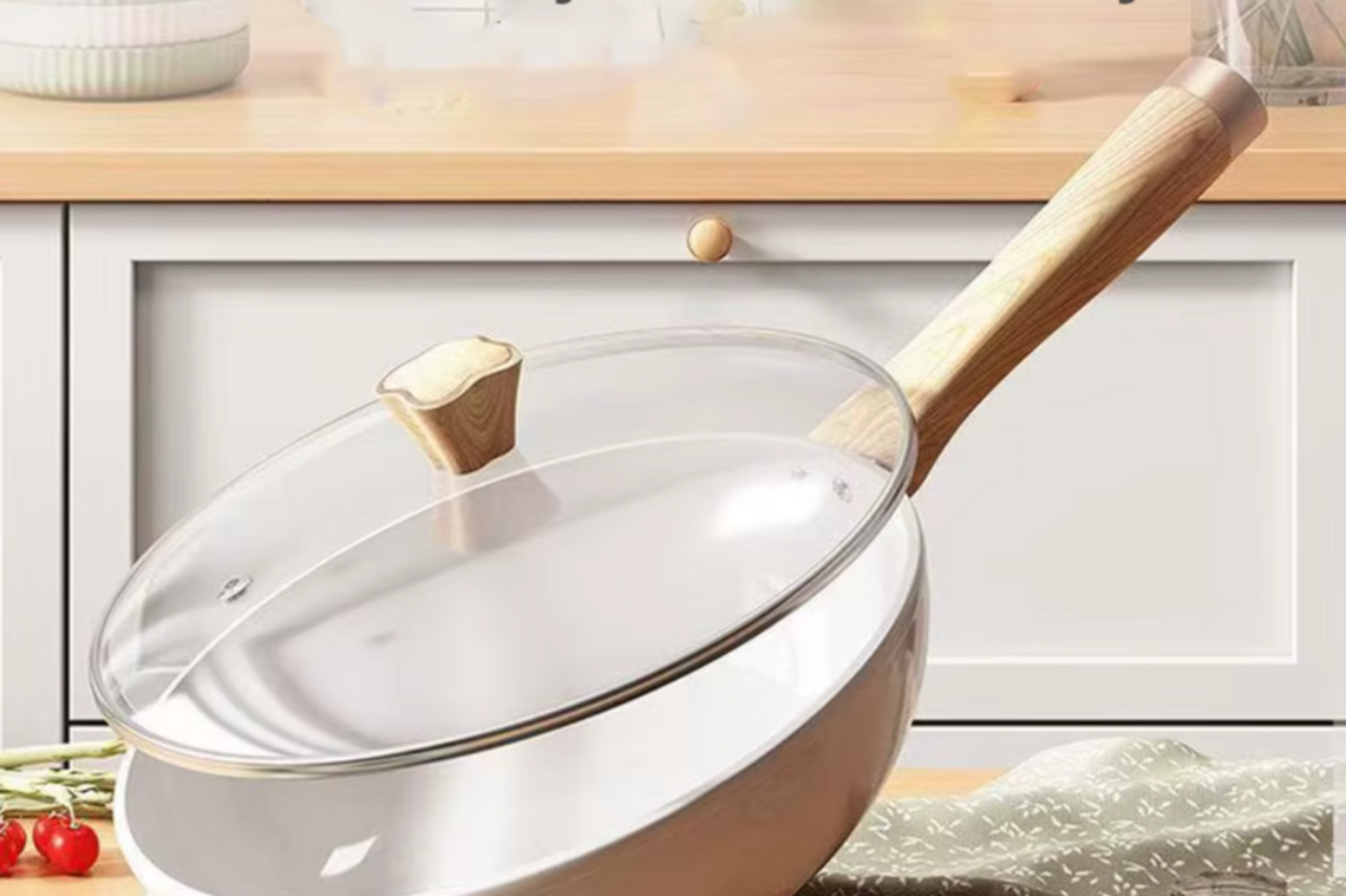 Ceramic Non-Stick Wok with Wooden Handle & Glass Lid – Ideal for Stir-Frying, Searing, Deep-Frying, Steaming, Boiling & Daily Cooking – Compatible with Induction & Gas Stoves – 30cm