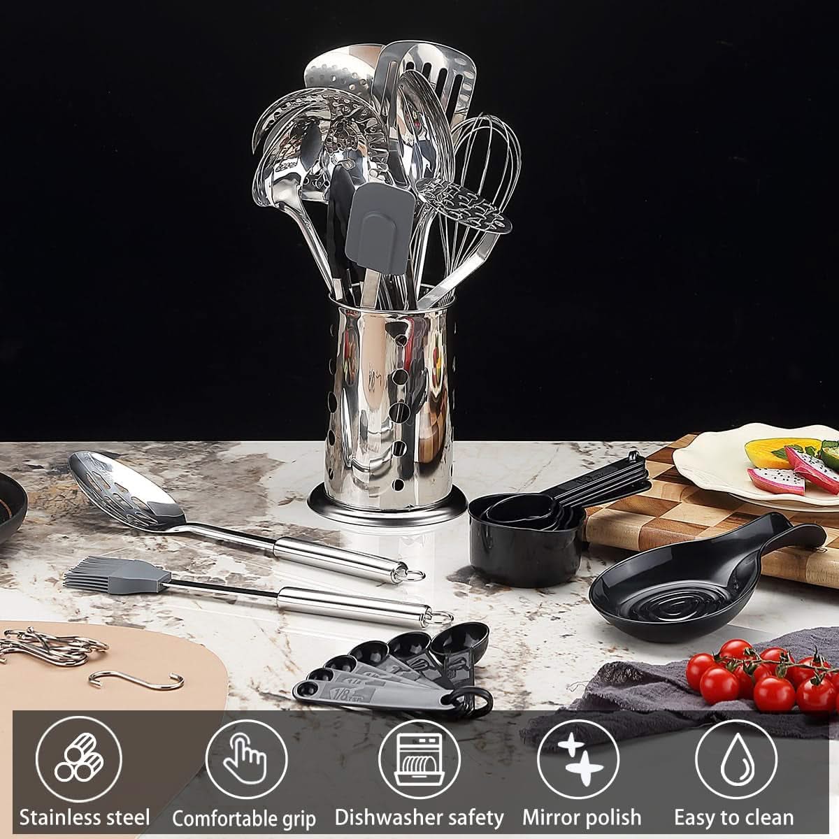 38-Piece Stainless Steel Cooking Utensils Set – Includes Spoons, Spatulas, and Sturdy Utensil Holder, Dishwasher Safe