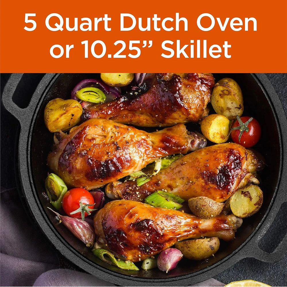 Cast Iron Dutch Oven Pot with Skillet Lid Set – 2-in-1 Multi Cooker for All Stoves – Ideal for Cooking, Baking, Frying & Camping (26cm)