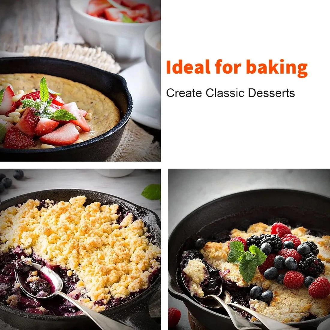 Pre-Seasoned Cast Iron Skillet Set with Brush & Gloves – 3 Heavy Duty Griddle & Frying Pans 16cm, 20cm & 26cm – Great for Grilling, Roasting & Baking