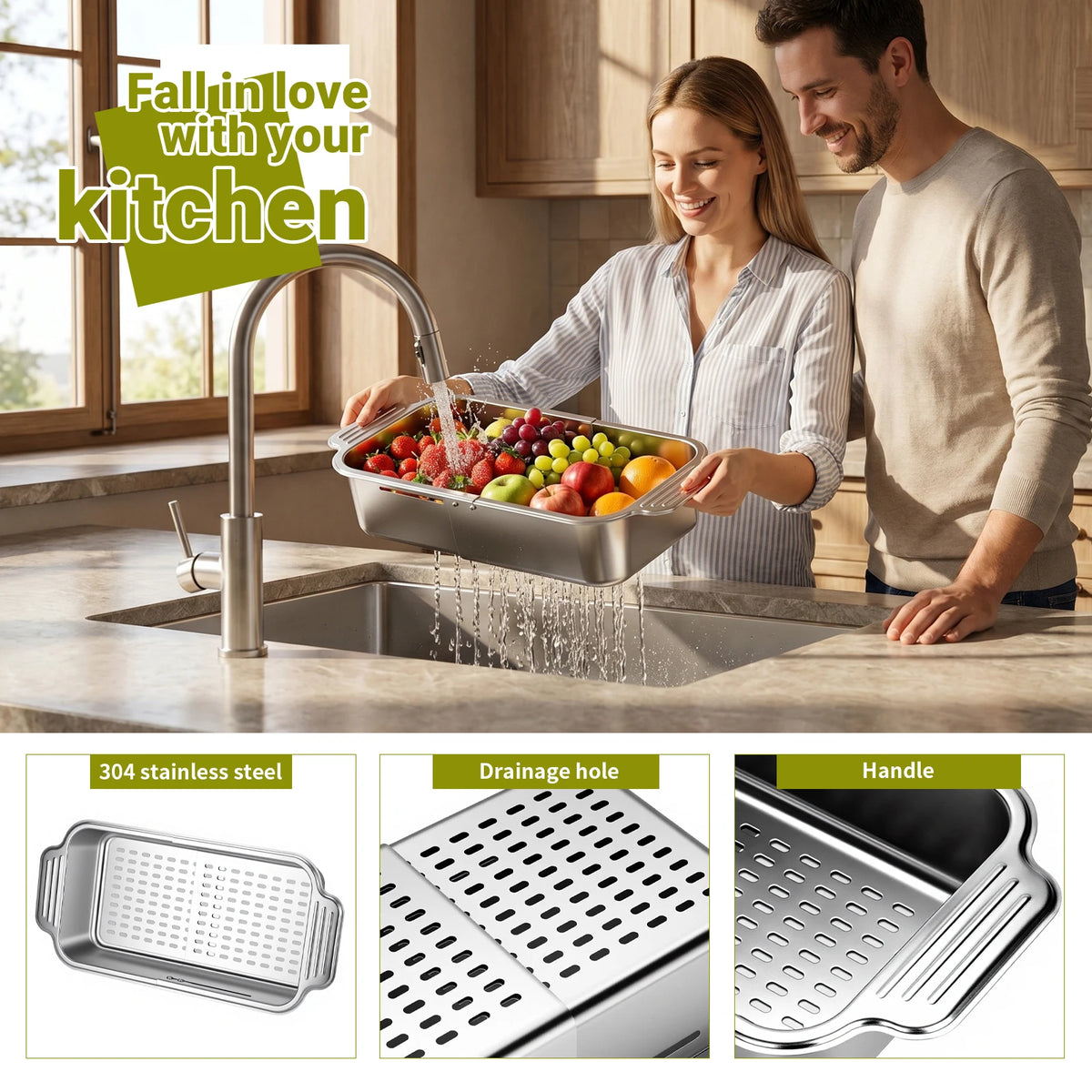 Adjustable Stainless Steel Over-Sink Colander Basket – Extendable Drain Rack 21cm to 44cm – Great for Rinsing Fruit, Draining Pasta & Drying Dishes