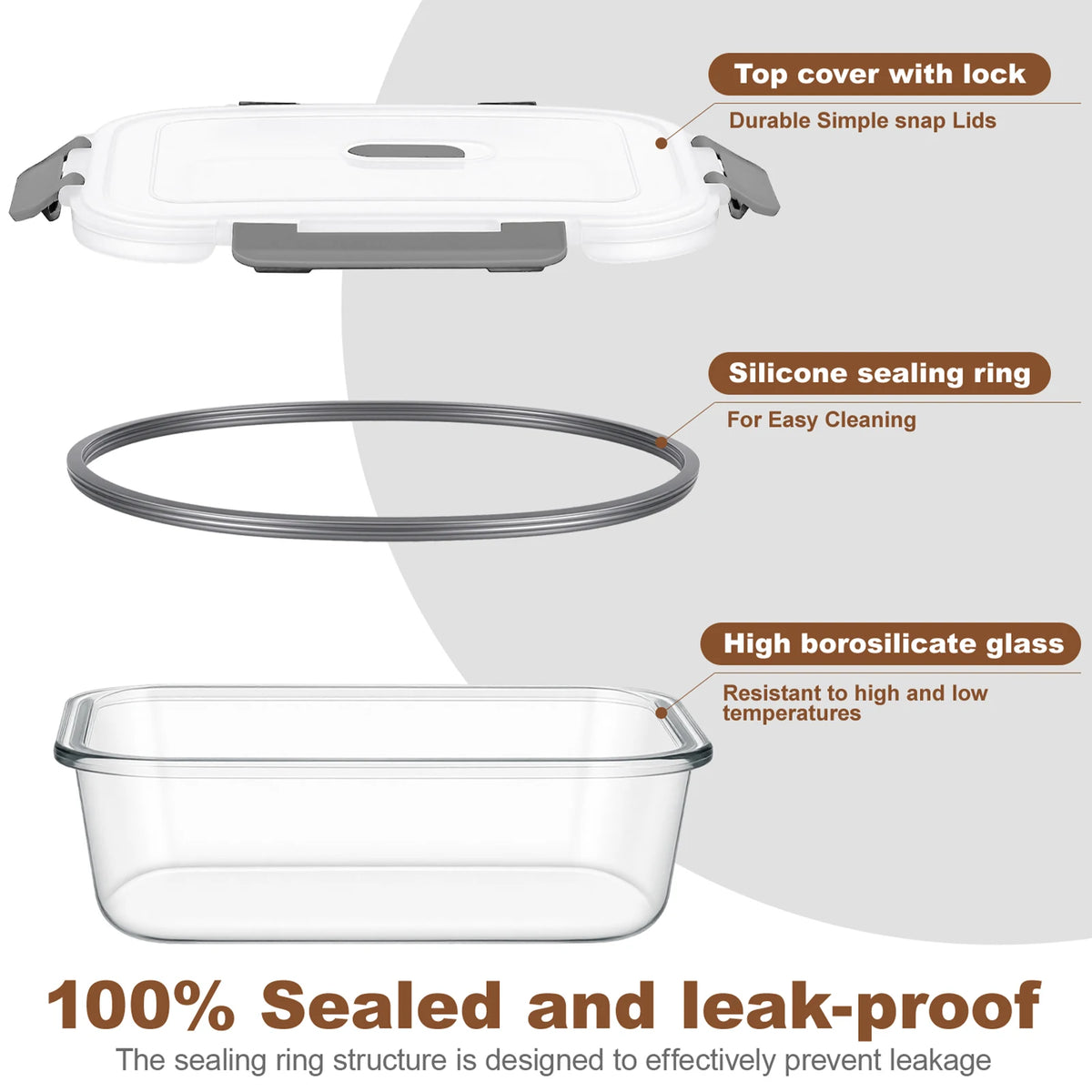 4 Piece Borosilicate Glass Food Containers with Snap-Lock Lids – Airtight Meal Prep Boxes 370ml, 640ml, 1040ml & 1520ml – Great for Fridge, Freezer & Lunches
