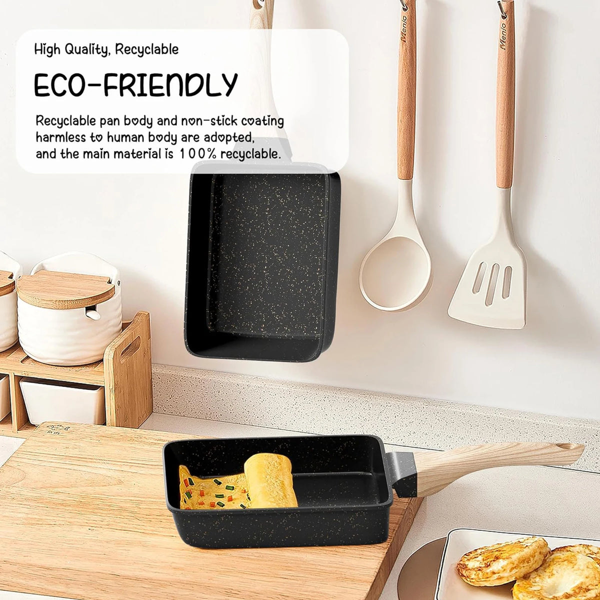 Square Tamagoyaki Egg Pan – Non-Stick Stone-Coated Omelette Pan with Heat-Insulated Handle – Great for Rolled Omelettes & Breakfast Eggs (20cm)
