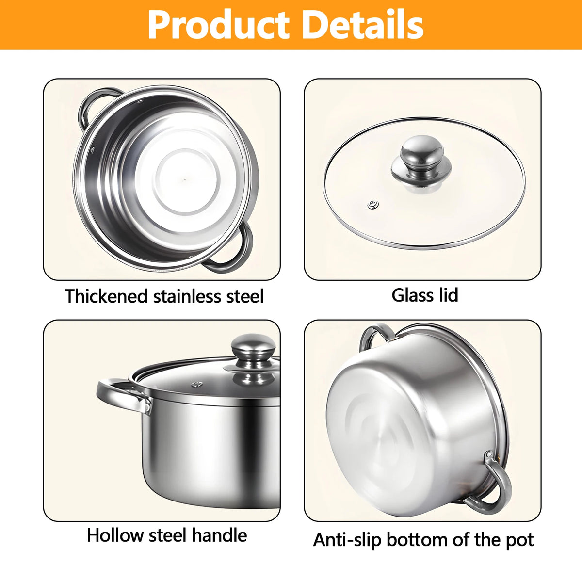 10 Piece Stainless Steel Cooking Pot Set with Glass Lids – 5 Pots 16cm to 24cm – Best for Boiling, Simmering & Family Meals