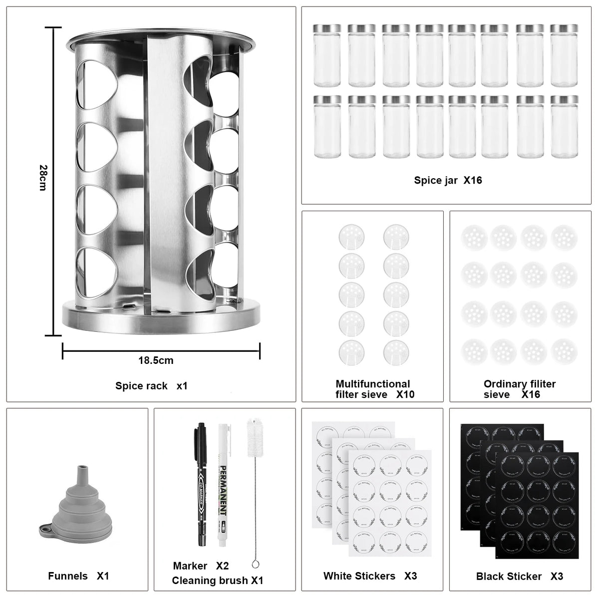 360° Rotating Stainless Steel Spice Carousel with 16 Round Glass Jars – Compact Freestanding Spice Rack with Labels & Funnel – Great for Worktops & Cupboards
