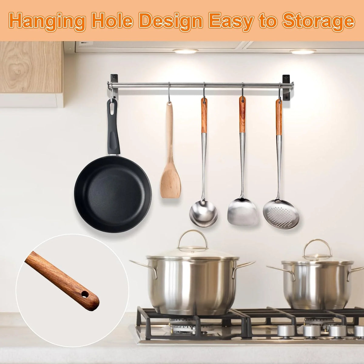 Stainless Steel Wok Spatula & Ladle Set with Wooden Handles – Skimmer, Slotted Turner & Cooking Utensils – Great for Stir-Fries, Soups & Frying – Available as a 4-Piece Set or Singles