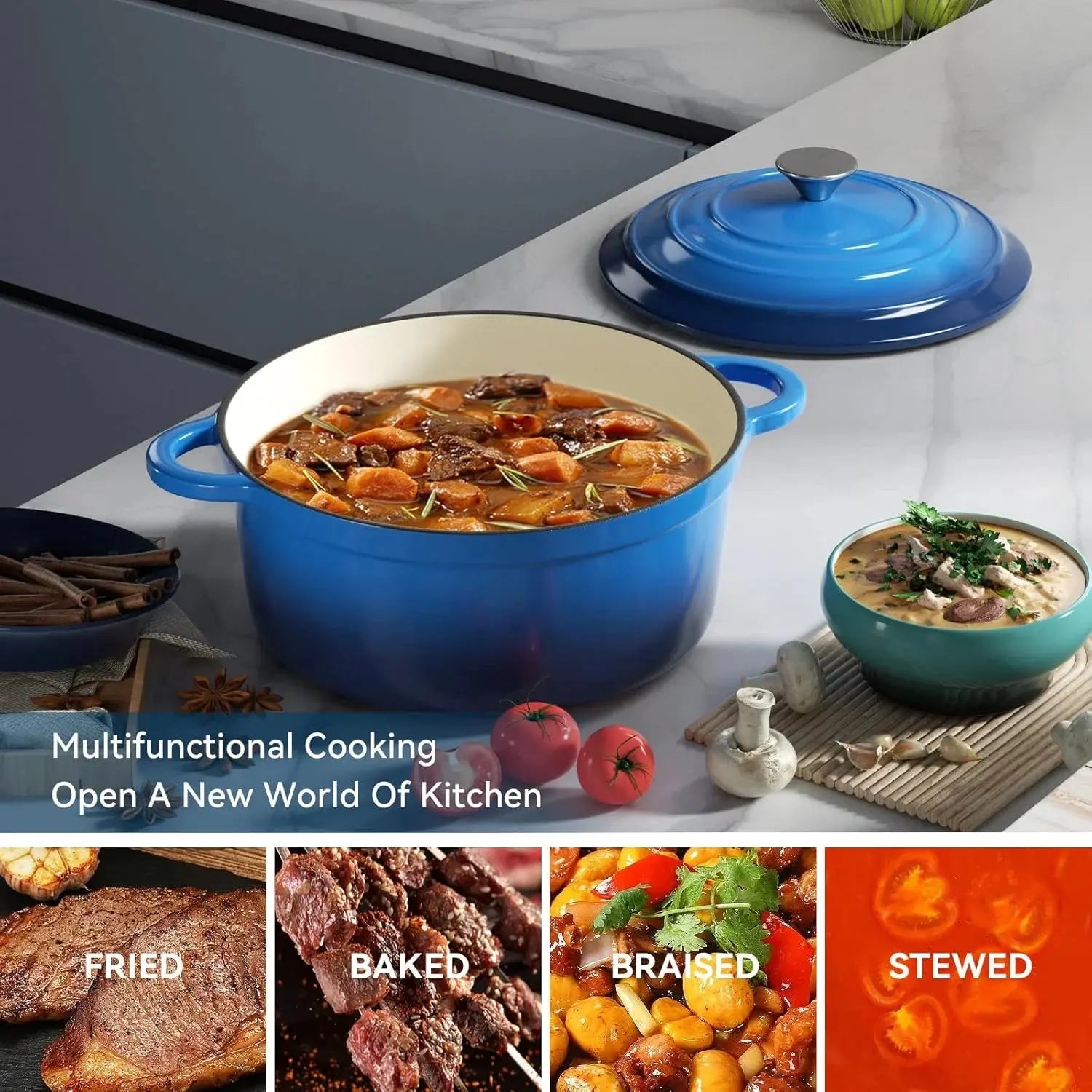 Cast Iron Enamel-Coated Dutch Oven with Lid & Dual Side Handles – Heavy-Duty Cooking Pot Designed for Braising, Roasting, Baking, Stews, Curries, Soups & One-Pot Meals – Compatible with Oven, Induction & Gas Stoves