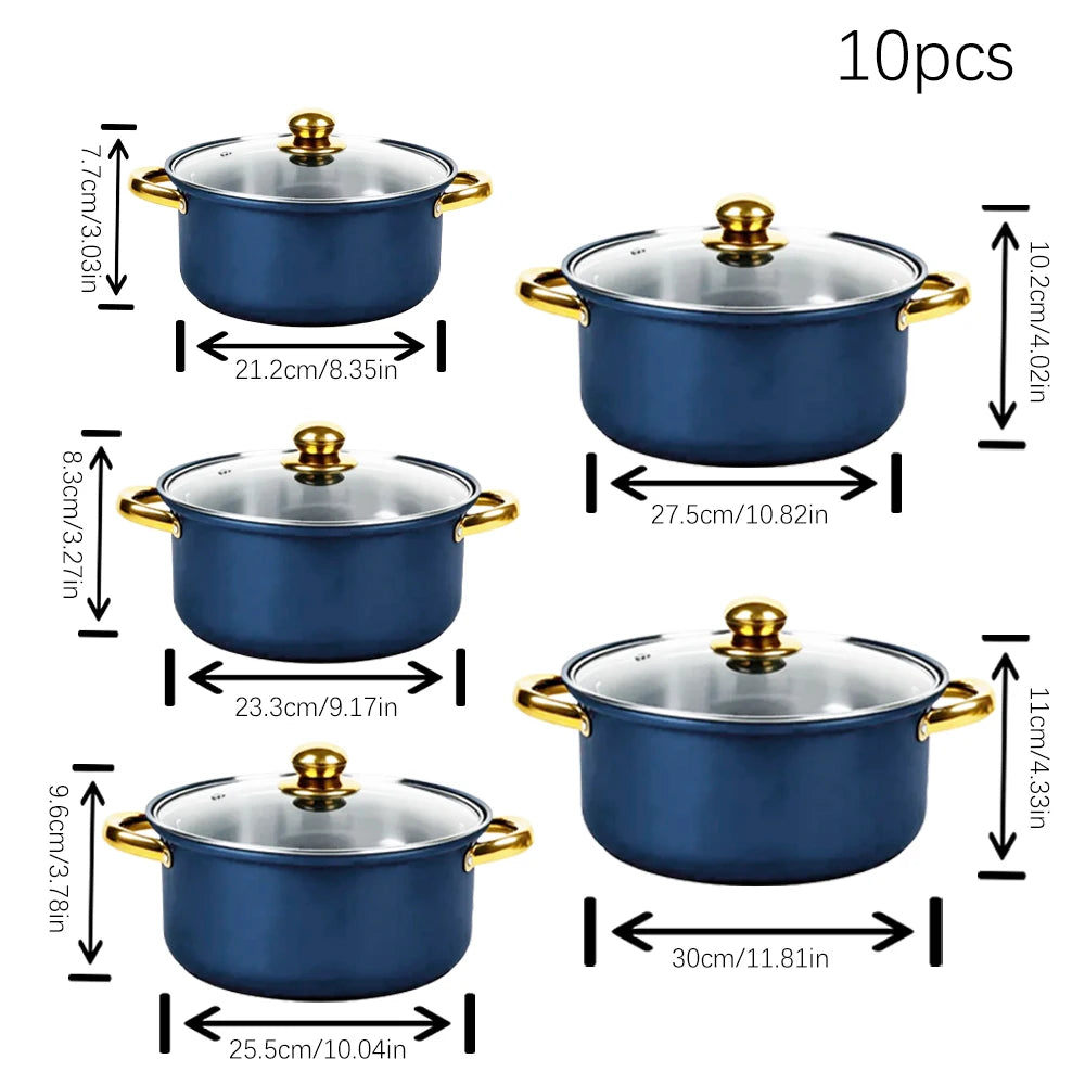 10-Piece Blue Stainless Steel Cookware Set with Glass Lids & Gold-Colored Dual Handles – Multi-Purpose Anti-Scald Stock & Soup Pots, Ideal for Soups, Milk, Porridge & One-Pot Cooking, Compatible with Gas and Induction Stoves, Includes Spoon