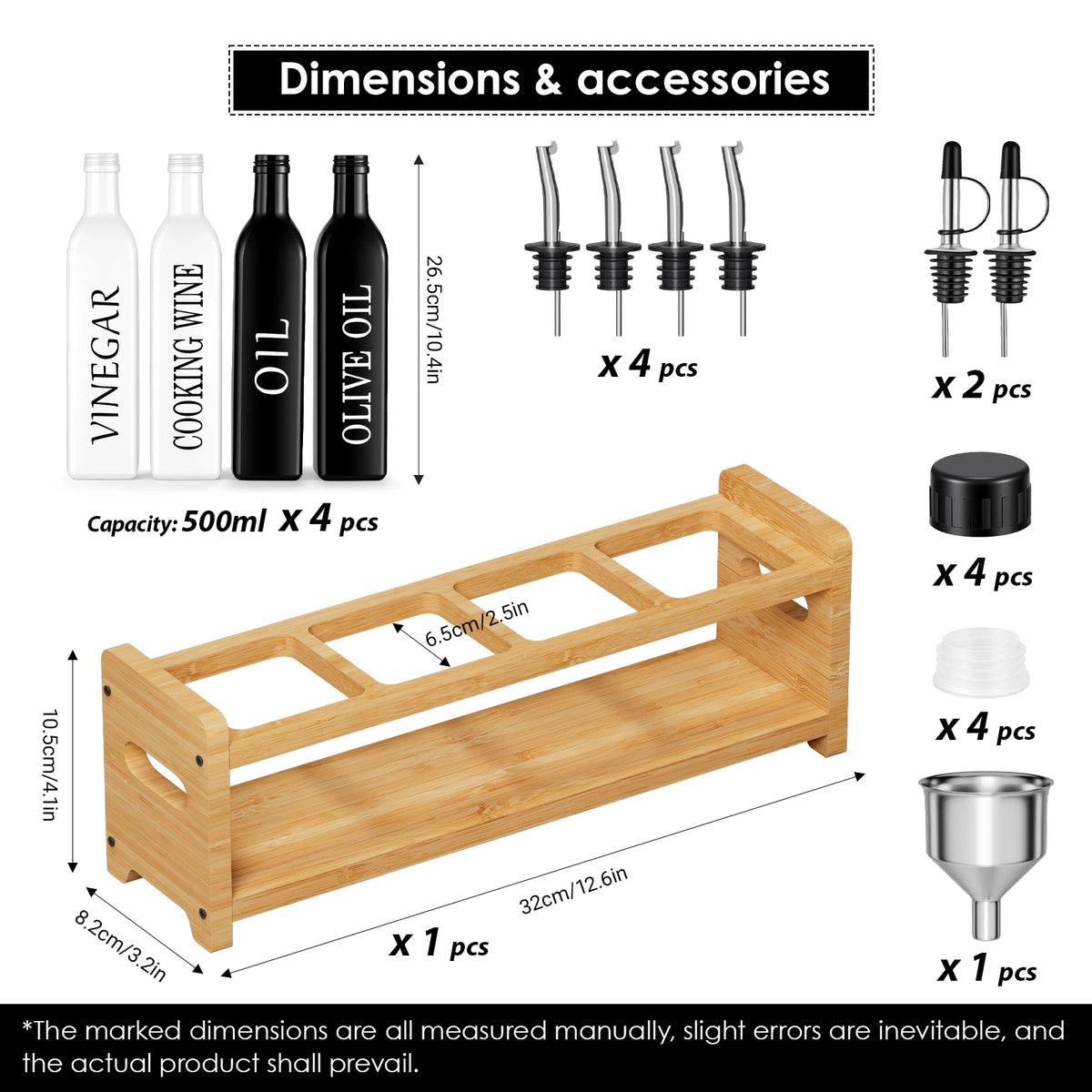 Glass Oil & Vinegar Bottle Set with Bamboo Stand – 4 x 500ml Dispensers with Pour Spouts, Funnel & Labels – Ideal for Olive Oil, Vinegar & Sauces