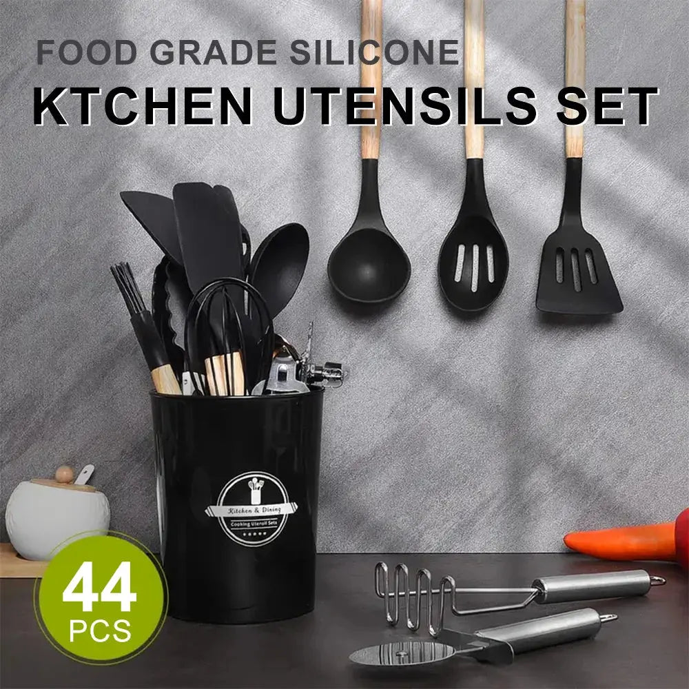 44-Piece Silicone Kitchen Utensils Set with Wooden Handles & Utensil Holder – Heat-Resistant, Food-Grade, Non-Stick Cooking  Utensils  Including Spatulas, Spoons, Turners, Tongs, Whisk, Grater, Scissors & Measuring Cups C for Chef