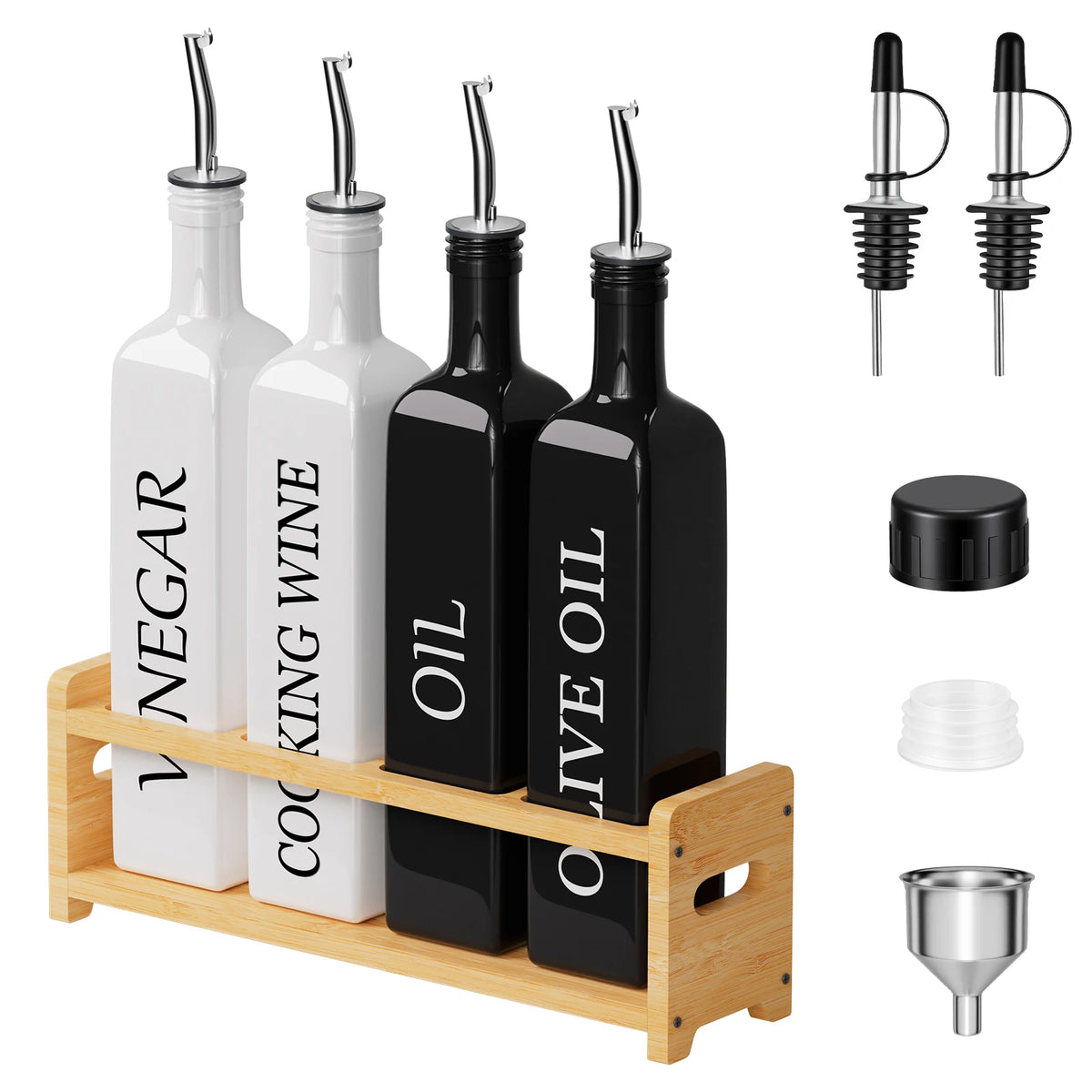Glass Oil & Vinegar Bottle Set with Bamboo Stand – 4 x 500ml Dispensers with Pour Spouts, Funnel & Labels – Ideal for Olive Oil, Vinegar & Sauces