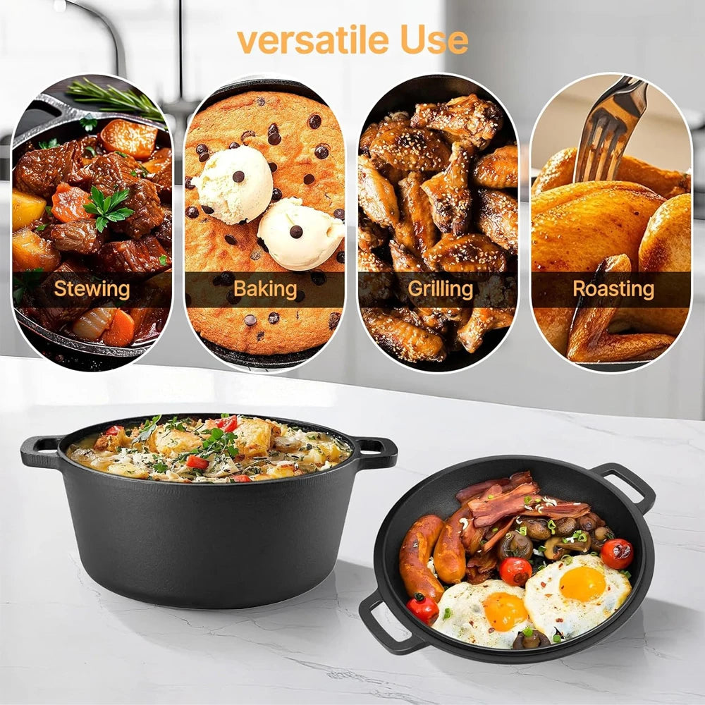 Cast Iron Dutch Oven Pot with Skillet Lid Set – 2-in-1 Multi Cooker for All Stoves – Ideal for Cooking, Baking, Frying & Camping (26cm)