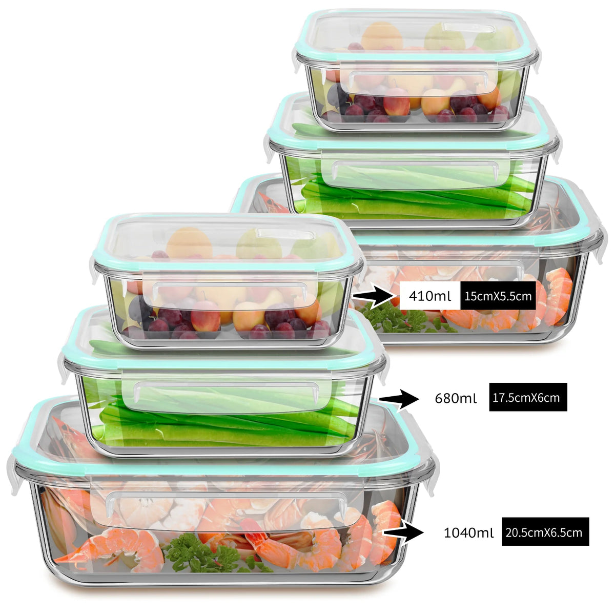 6 Piece Glass Food Storage Set with Lids – Meal Prep Bowls & Jars 2 x 1040ml, 2 x 680ml & 2 x 410ml – Perfect for Batch Cooking & Pantry Storage