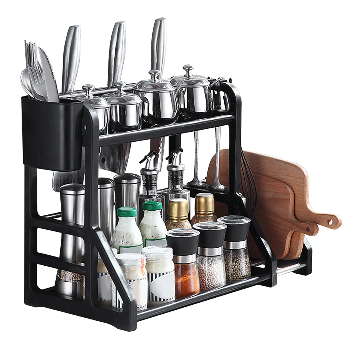 Double-Tier Corner Spice Rack & Knife Stand – Movable Kitchen Worktop Storage Shelf – Great for Spices, Knives & Seasoning Bottles