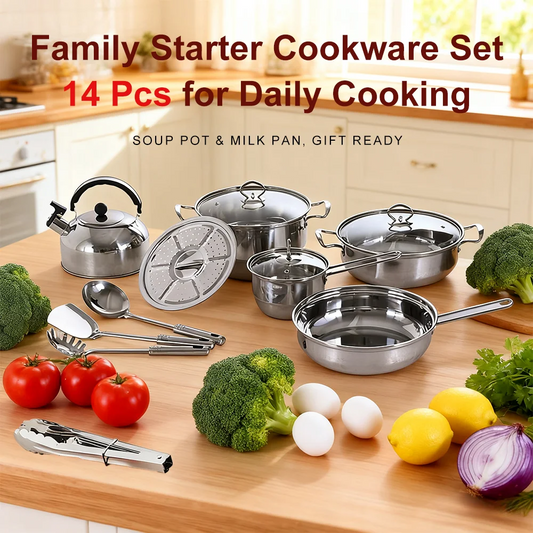 14 Piece Non-Stick Stainless Steel Cookware Set with Steamer Tray, Kettle & Utensils – Pots, Pans & Glass Lids – Best for Home & Restaurant Kitchens