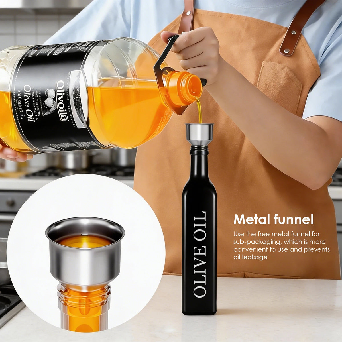 Glass Oil Dispenser Bottles with Bamboo Rack – 4 x 500ml Auto Open & Close Leak-Proof Bottles with Funnel – Ideal for Olive Oil, Soy Sauce & Vinegar