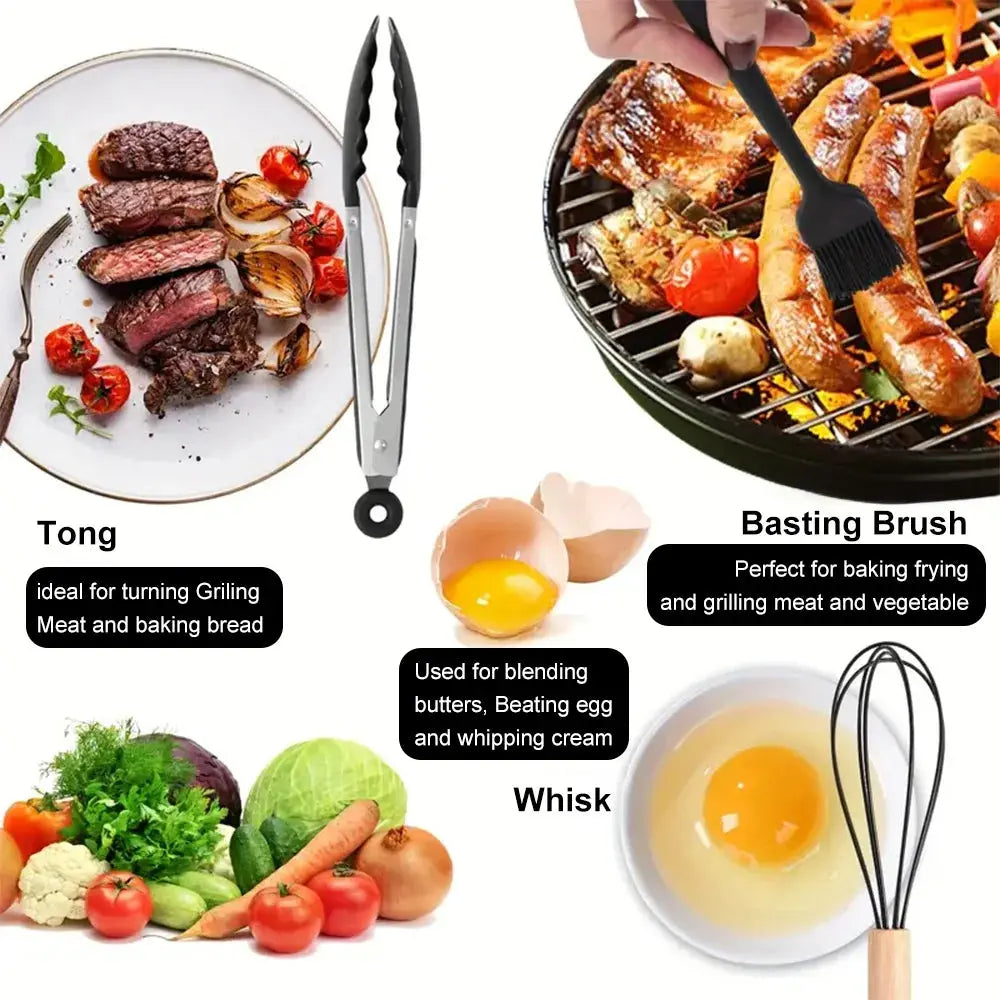 44-Piece Silicone Kitchen Utensils Set with Wooden Handles & Utensil Holder – Heat-Resistant, Food-Grade, Non-Stick Cooking  Utensils  Including Spatulas, Spoons, Turners, Tongs, Whisk, Grater, Scissors & Measuring Cups C for Chef