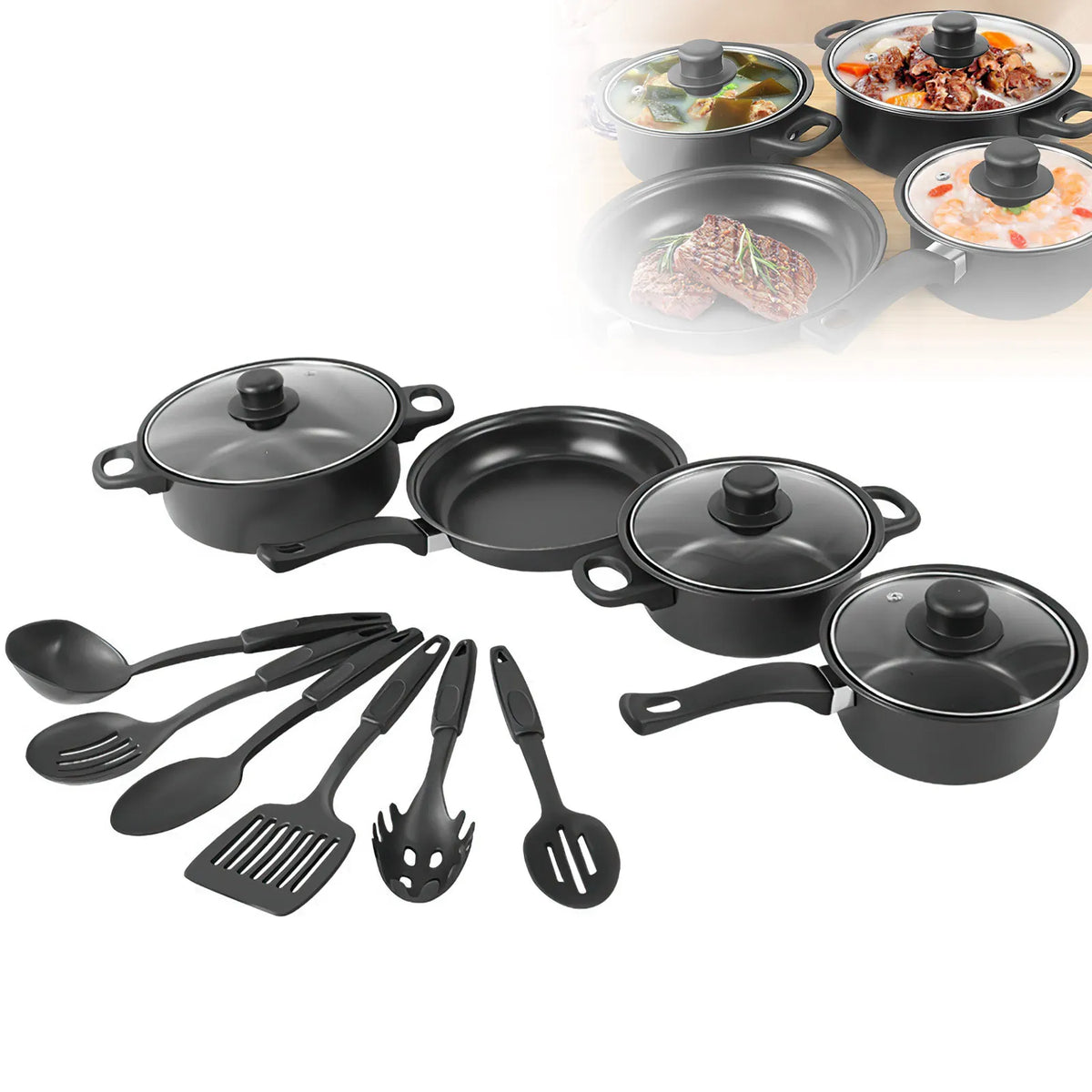 13 Piece Stone-Coated Non-Stick Cookware Set – 4 Pots & Pans, 3 Lids & 6 Utensils – Ideal for Induction & Gas Hobs