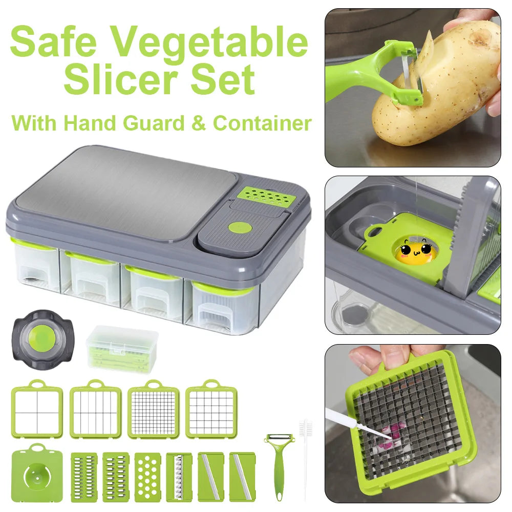 8-in-1 Food Chopper & Vegetable Cutter with Container & Lid – Dicer, Grater, Peeler & Egg Separator with Hand Guard – Best for Safe Meal Prep