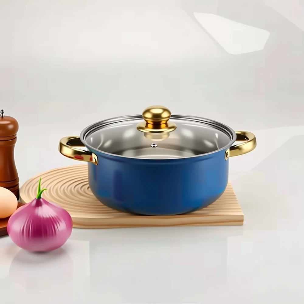 10-Piece Blue Stainless Steel Cookware Set with Glass Lids & Gold-Colored Dual Handles – Multi-Purpose Anti-Scald Stock & Soup Pots, Ideal for Soups, Milk, Porridge & One-Pot Cooking, Compatible with Gas and Induction Stoves, Includes Spoon
