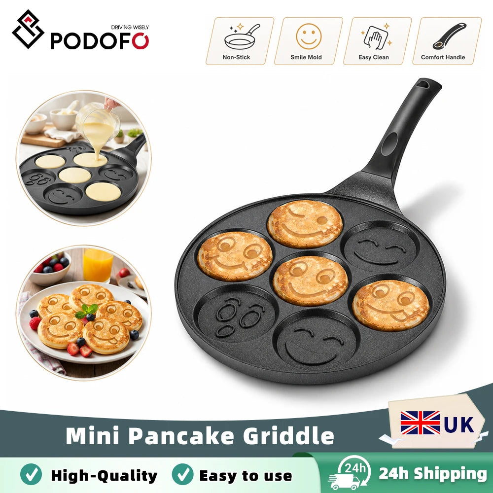 Smiley Face Pancake Pan with 7 Moulds – Non-Stick Mini Pancake Griddle & Egg Pan – Ideal for Kids' Breakfasts & Cafés