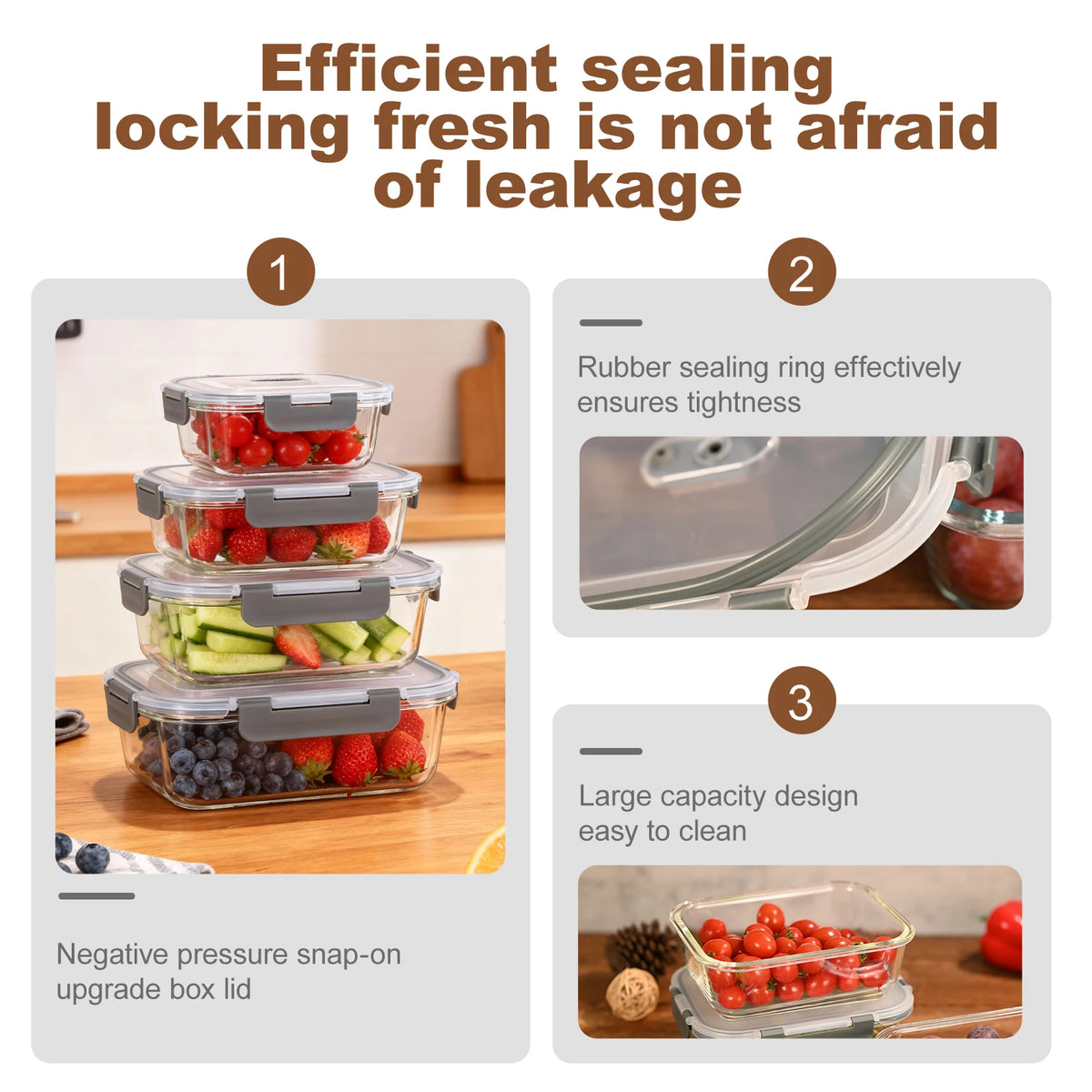 4 Piece Borosilicate Glass Food Containers with Snap-Lock Lids – Airtight Meal Prep Boxes 370ml, 640ml, 1040ml & 1520ml – Great for Fridge, Freezer & Lunches