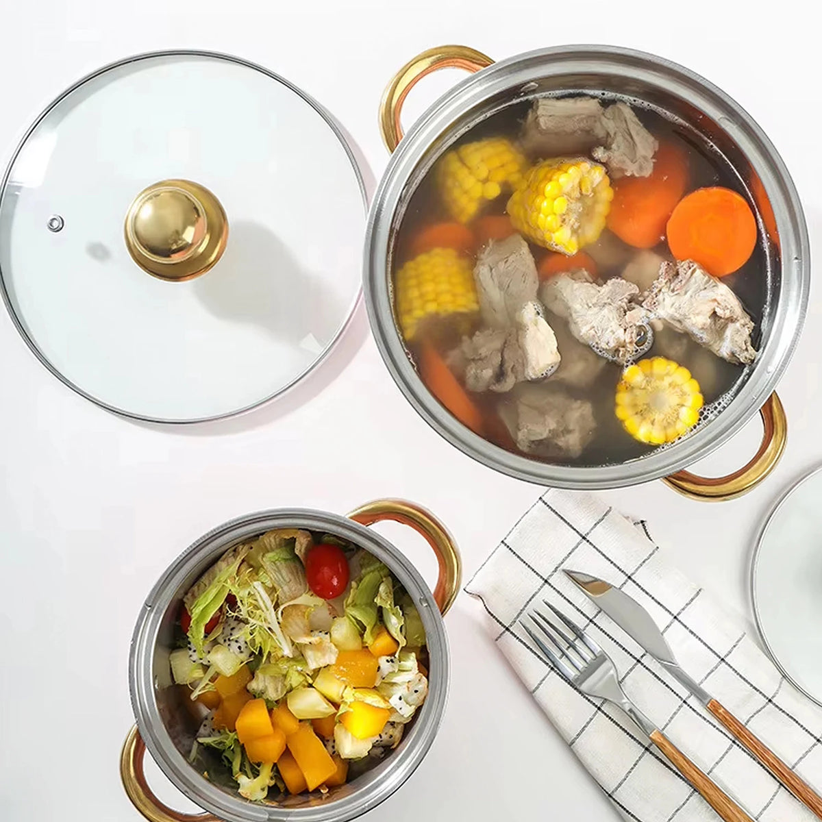 Golden Stainless Steel Cookware Set with Glass Lids & Silicone Utensils – 16 Piece Pots & Pans 18cm to 26cm – Perfect for Home Cooking & Dinner Parties