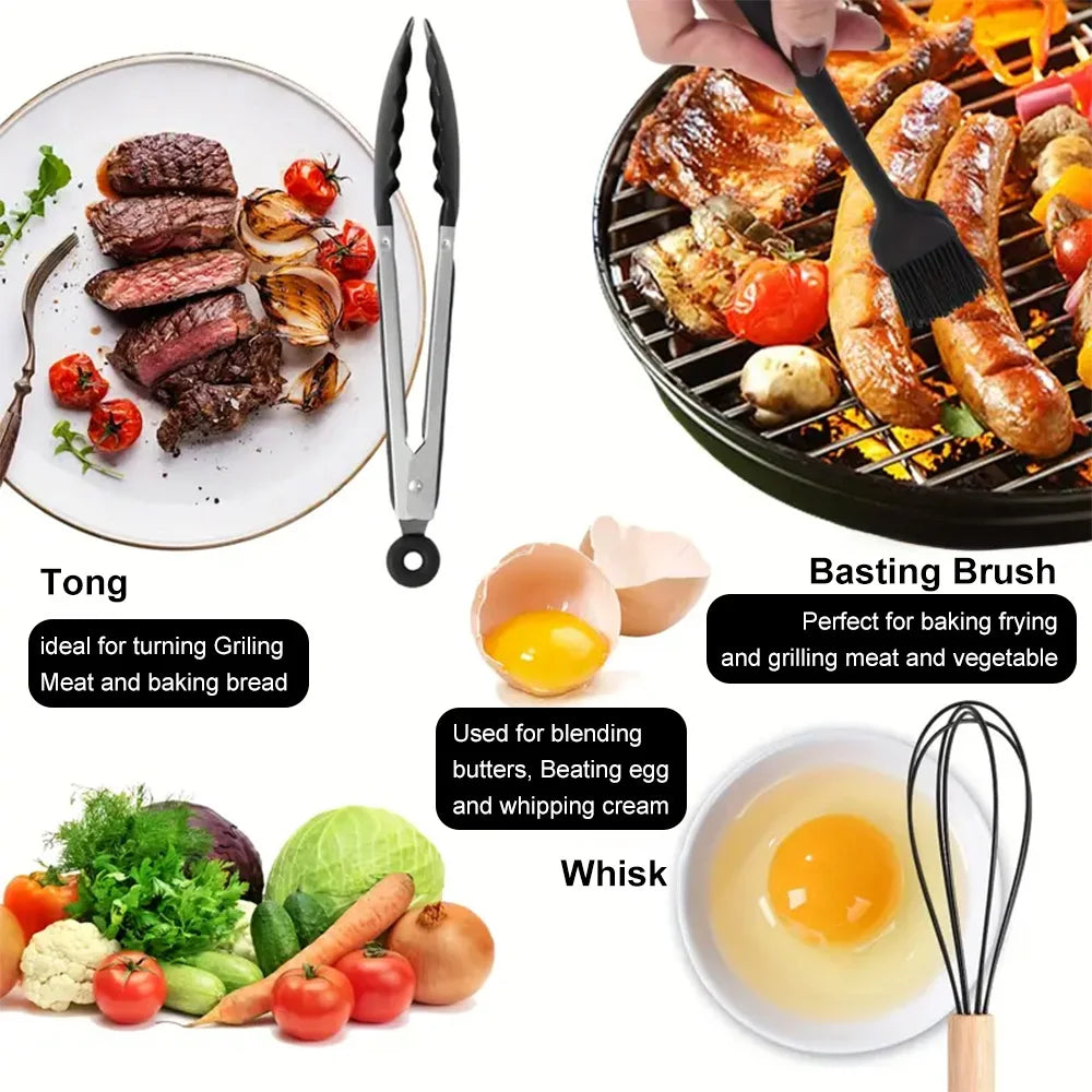 44 Piece Silicone Kitchen Utensil Set with Wooden Handles & Holder – Spatulas, Spoons, Whisk, Tongs & Measuring Cups – Ideal for Complete Kitchen Kits