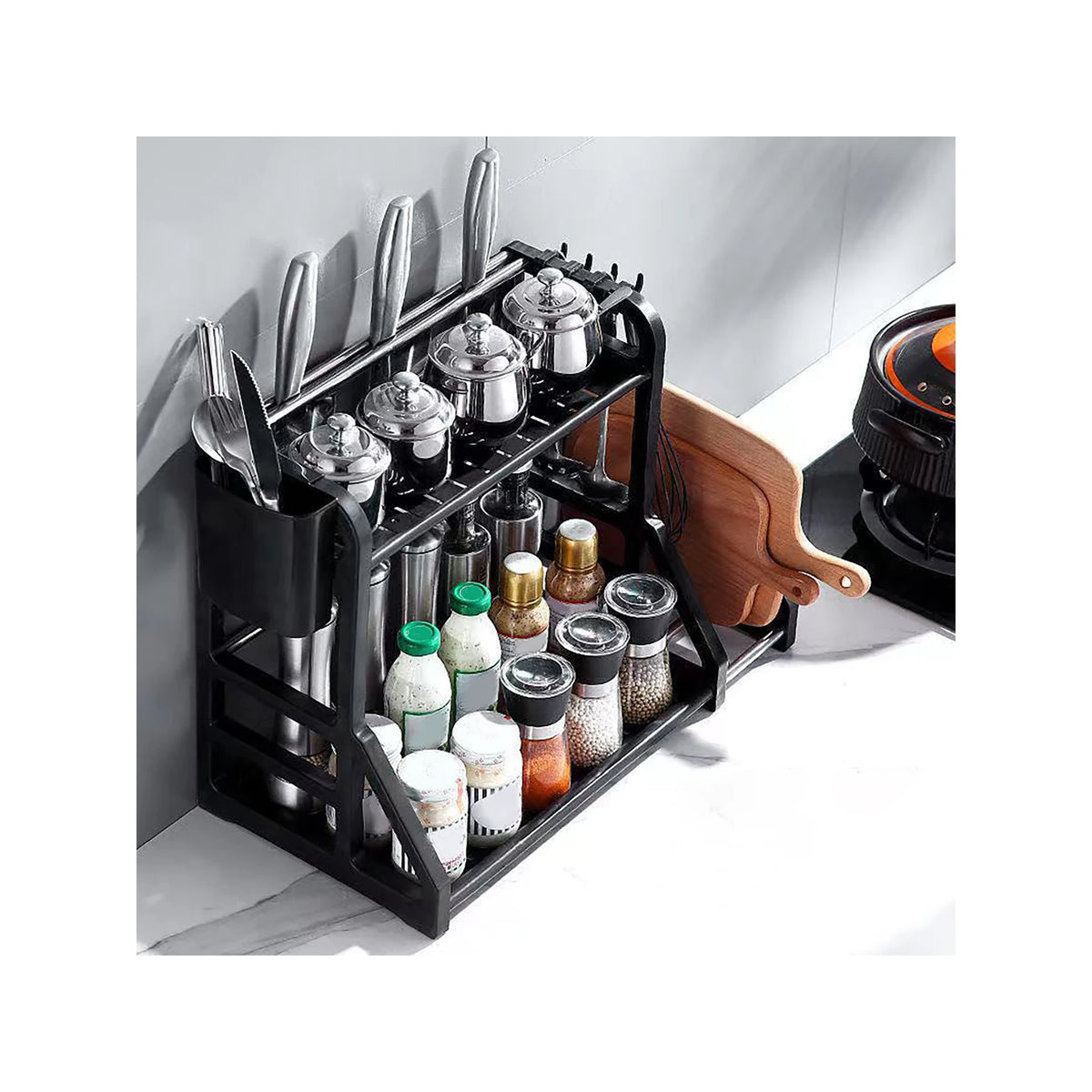 Double-Tier Corner Spice Rack & Knife Stand – Movable Kitchen Worktop Storage Shelf – Great for Spices, Knives & Seasoning Bottles