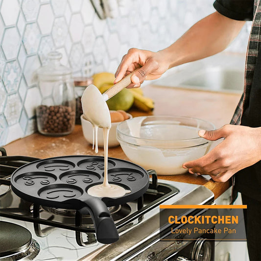 7 Cup Smiley Face Pancake Pan – Non-Stick Egg Cooker & Mini Pancake Maker with Cool-Touch Handle – Ideal for Kids' Breakfasts