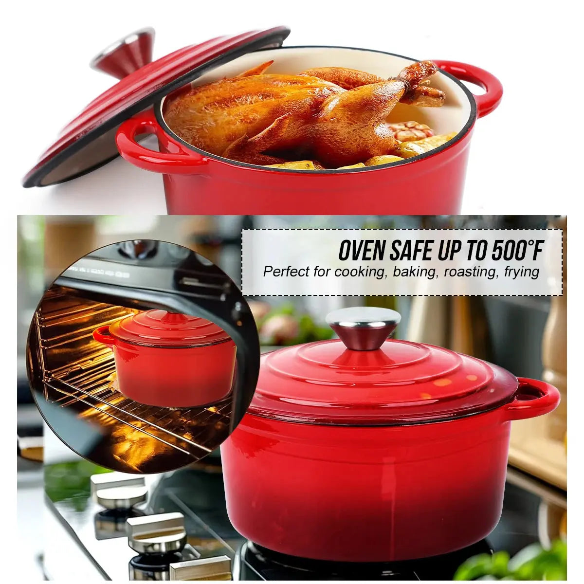 Cast Iron Enamel-Coated Dutch Oven with Lid & Dual Side Handles – Heavy-Duty Cooking Pot Designed for Braising, Roasting, Baking, Stews, Curries, Soups & One-Pot Meals – Compatible with Oven, Induction & Gas Stoves