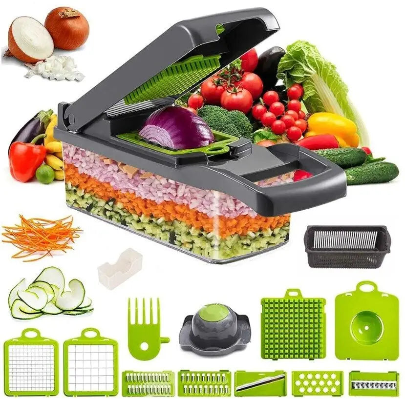 16-in-1 Vegetable Chopper with 1.5L Container – Salad, Fruit & Veg Slicer, Dicer & Grater with Peeler – Perfect for Fast Meal Prep