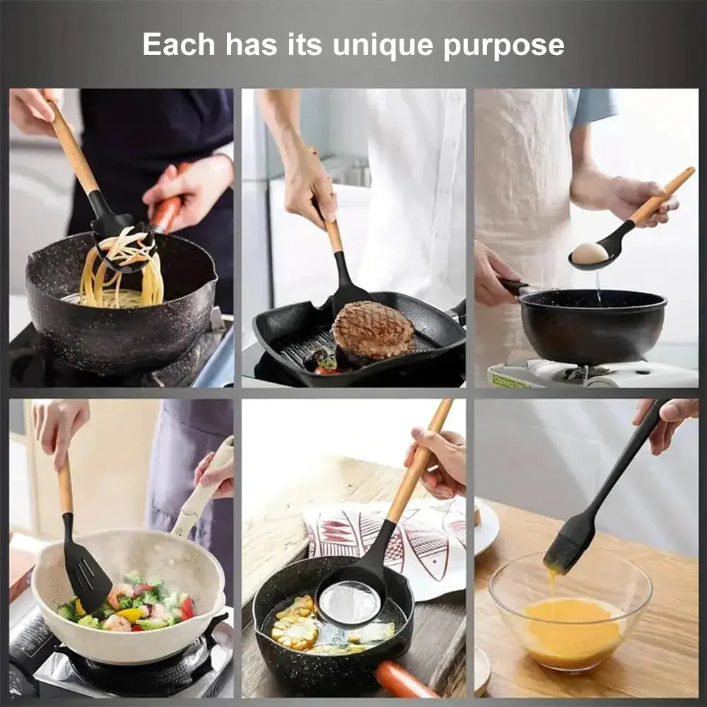 44-Piece Silicone Kitchen Utensils Set with Wooden Handles & Utensil Holder – Heat-Resistant, Food-Grade, Non-Stick Cooking  Utensils  Including Spatulas, Spoons, Turners, Tongs, Whisk, Grater, Scissors & Measuring Cups C for Chef