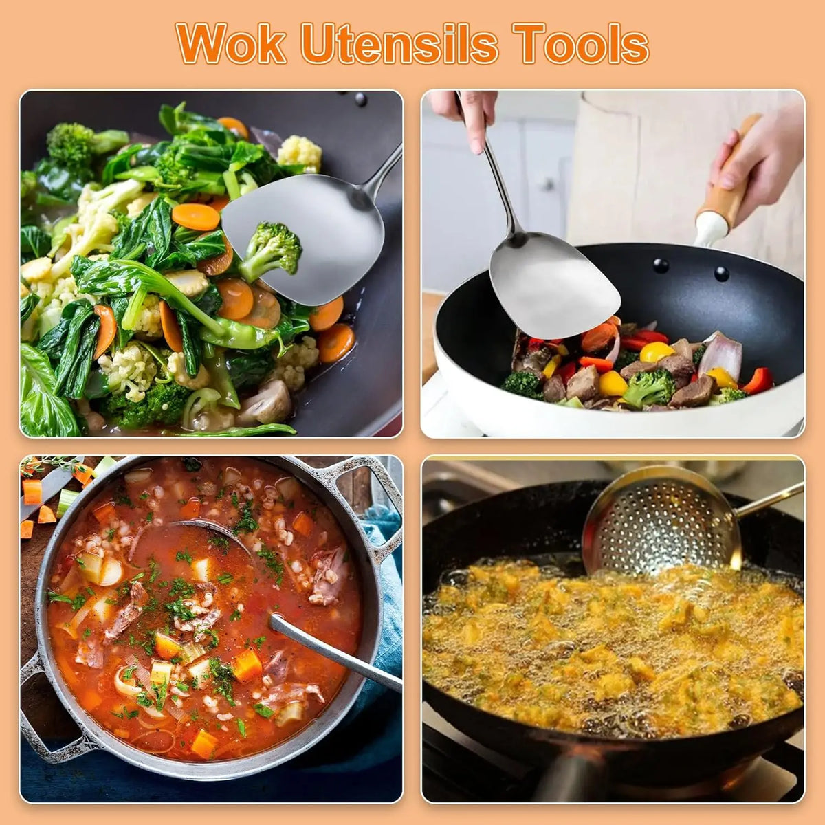 Stainless Steel Wok Spatula & Ladle Set with Wooden Handles – Skimmer, Slotted Turner & Cooking Utensils – Great for Stir-Fries, Soups & Frying – Available as a 4-Piece Set or Singles