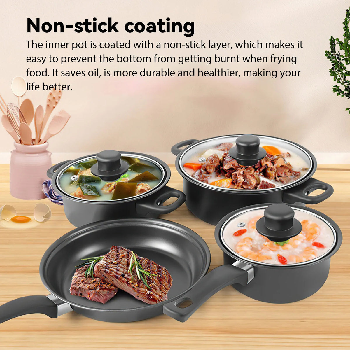 13 Piece Stone-Coated Non-Stick Cookware Set – 4 Pots & Pans, 3 Lids & 6 Utensils – Ideal for Induction & Gas Hobs