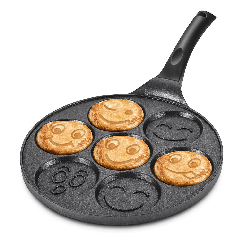 Smiley Face Pancake Pan with 7 Moulds – Non-Stick Mini Pancake Griddle & Egg Pan – Ideal for Kids' Breakfasts & Cafés