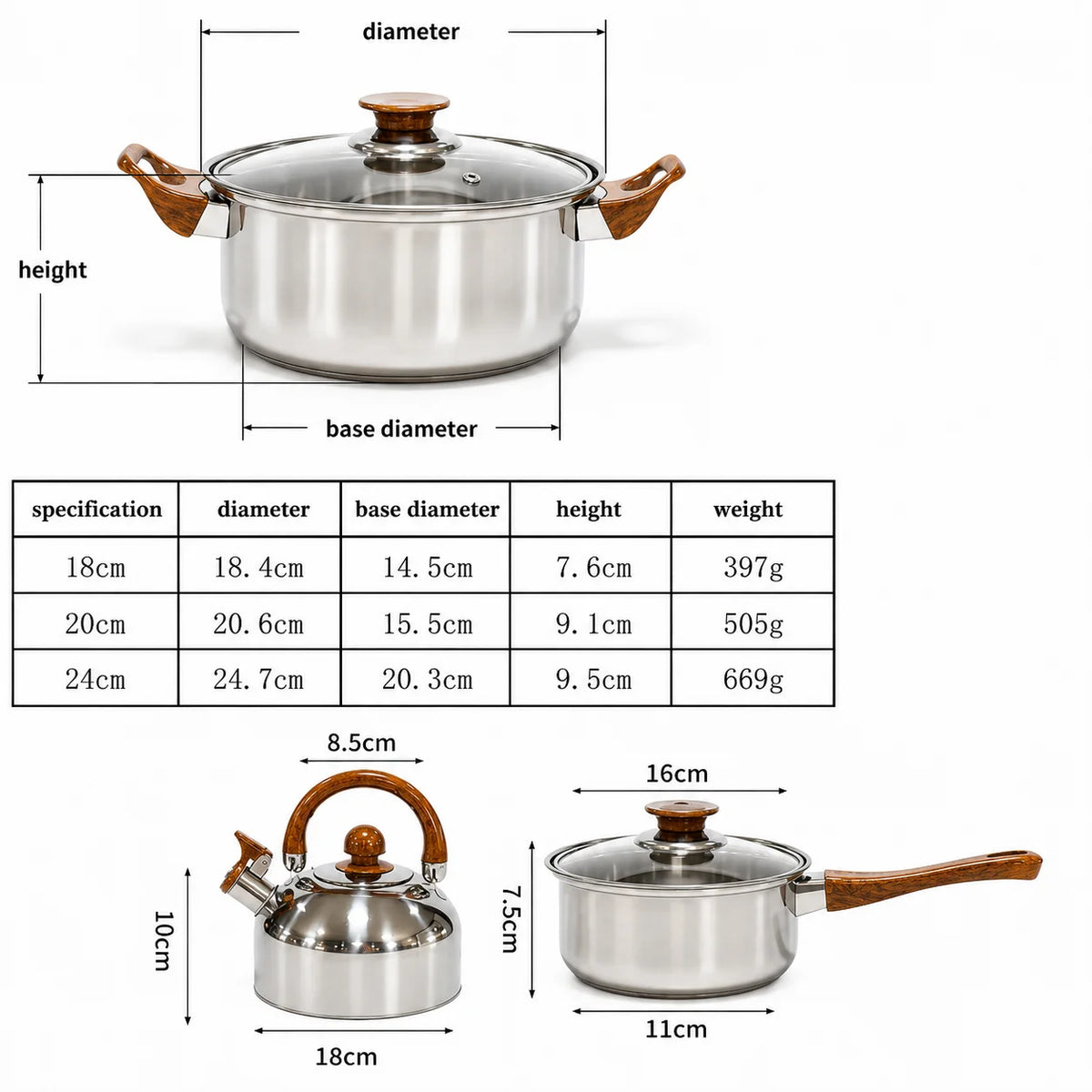 6 Piece Stainless Steel Cookware Set with Glass Lids & Wood-Effect Handles – Uncoated Mirror-Polished Pots & Pans – Best for Induction & Healthy Cooking