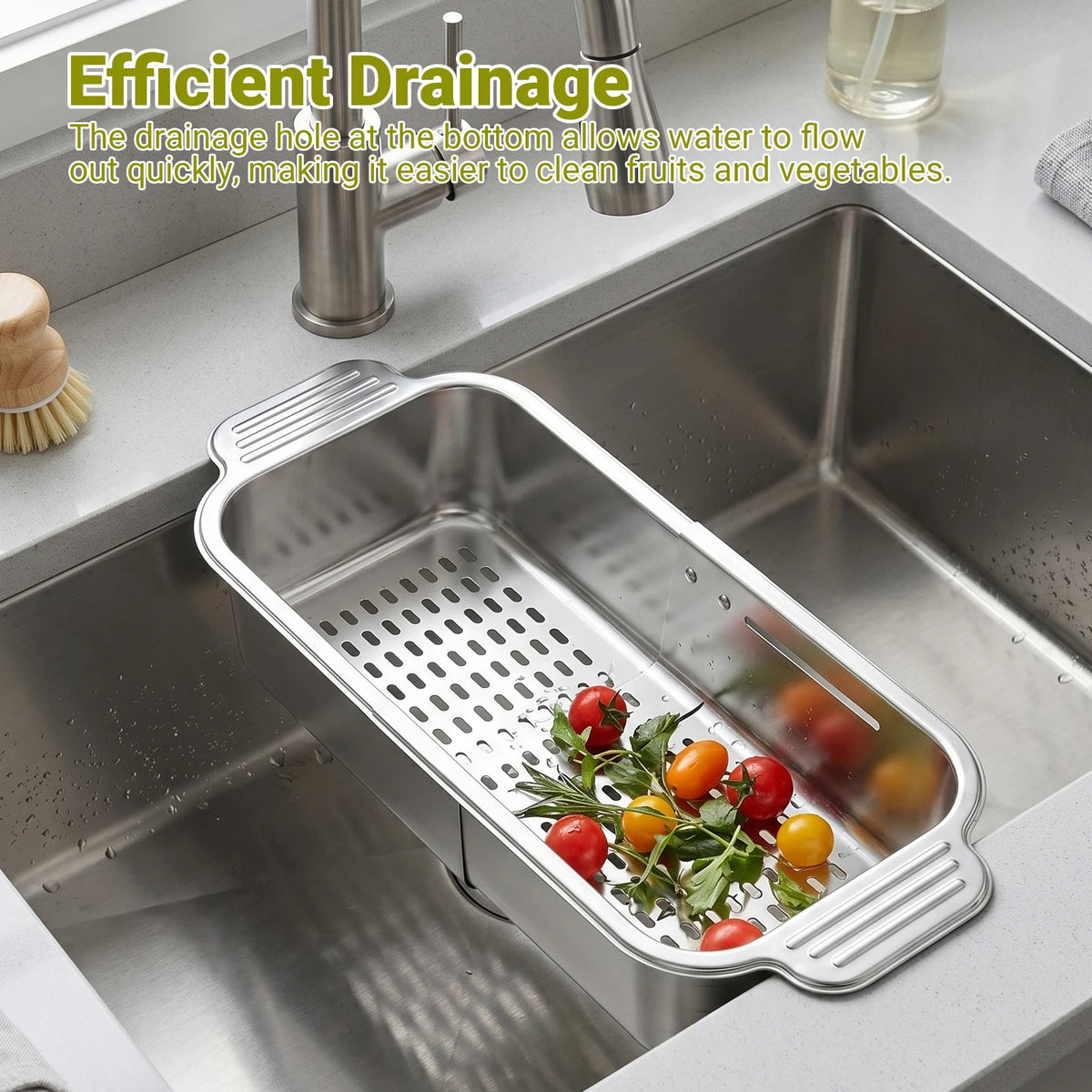Adjustable Stainless Steel Over-Sink Colander Basket – Extendable Drain Rack 21cm to 44cm – Great for Rinsing Fruit, Draining Pasta & Drying Dishes
