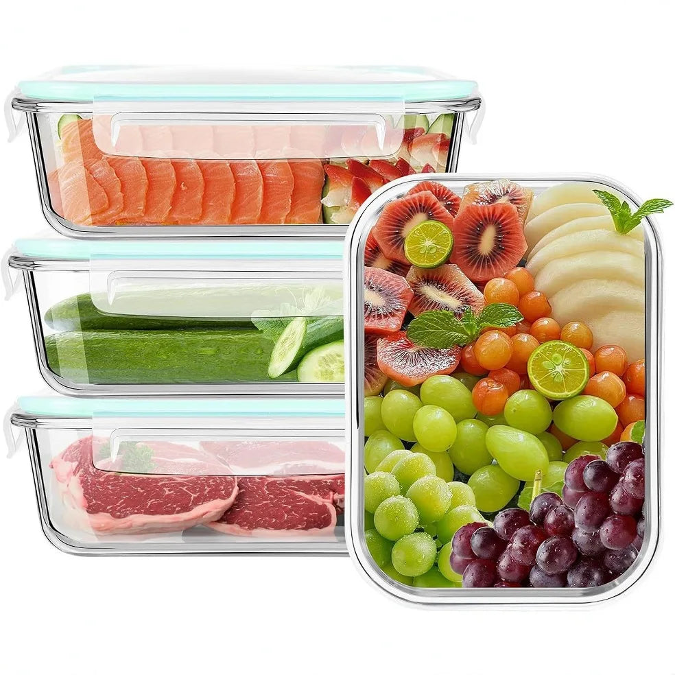 Set of 4 Glass Lunch Boxes with Snap-On Lids – Airtight, Leak-Proof & Stackable 1040ml Food Containers – Best for Meal Prep, Fruit & Leftovers