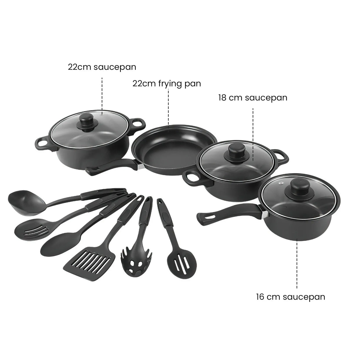 13 Piece Stone-Coated Non-Stick Cookware Set – 4 Pots & Pans, 3 Lids & 6 Utensils – Ideal for Induction & Gas Hobs